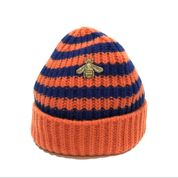 Gucci Bee Beanie -100% Wool -Orange / Blue Striped -NWT - Picture 1 of 7